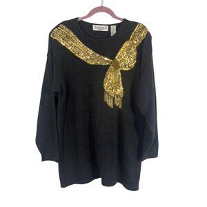 Vintage Sequin Knit Sweater Black M Beaded Festive Holiday Retro 90s Fringe Chic
